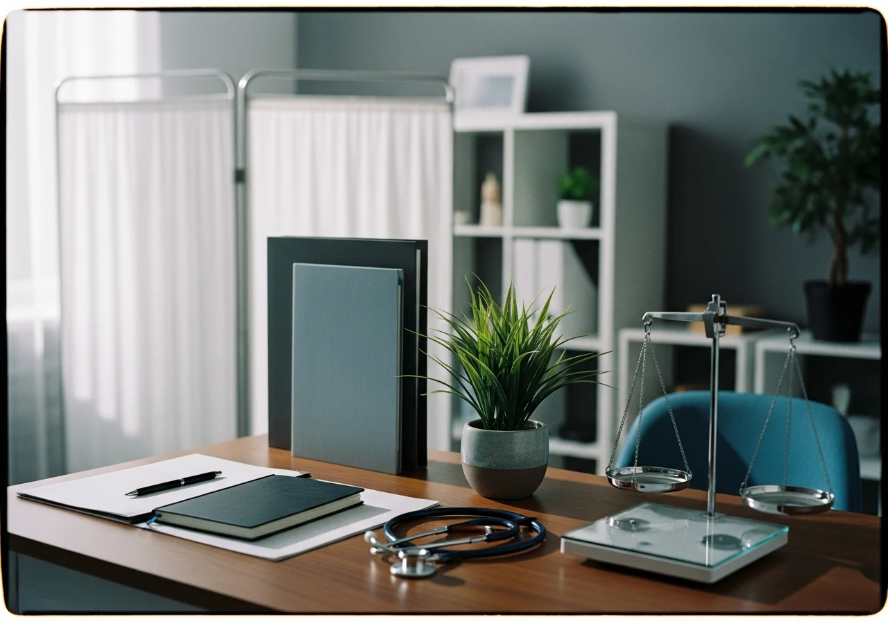 Medical office workspace with privacy elements and healthcare tools on desk.
