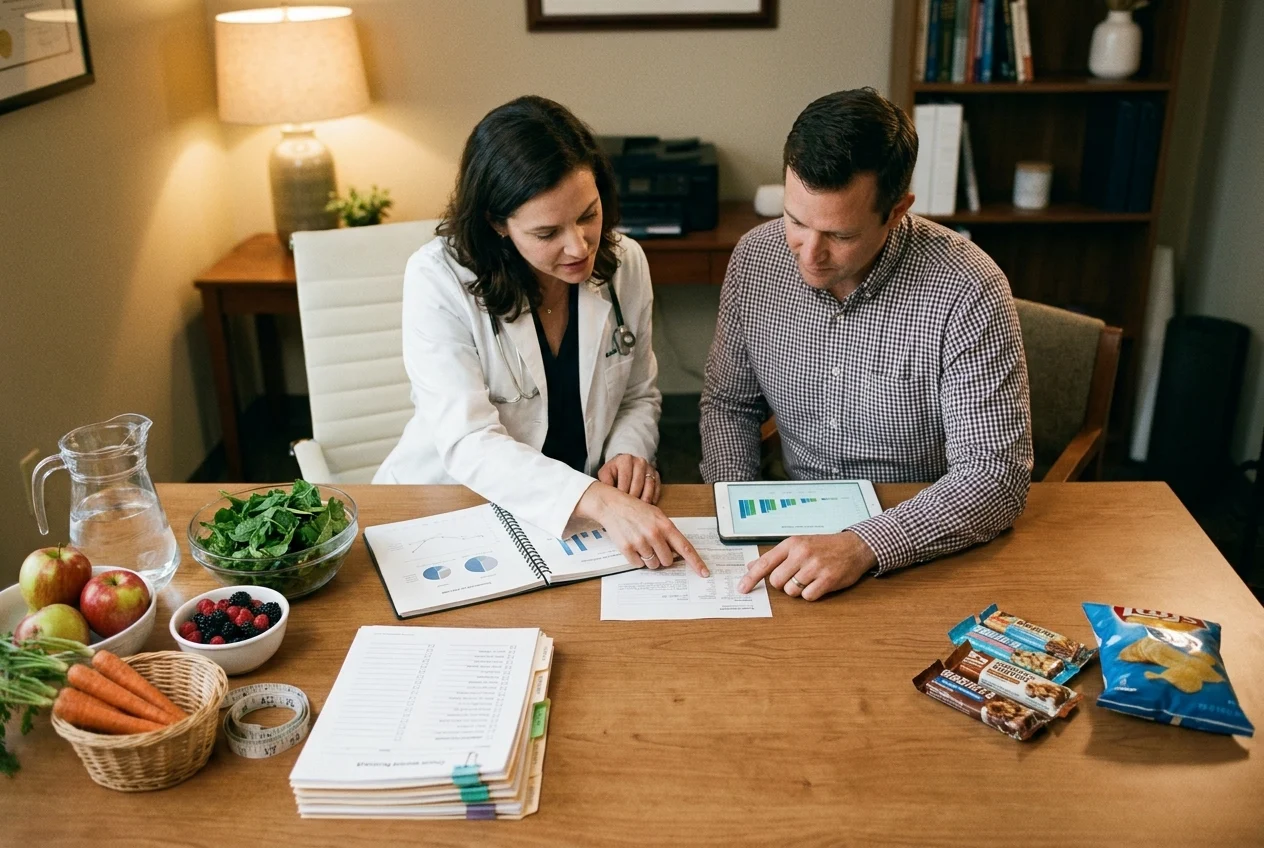 Doctor and patient reviewing health plan with fruits and vegetables.