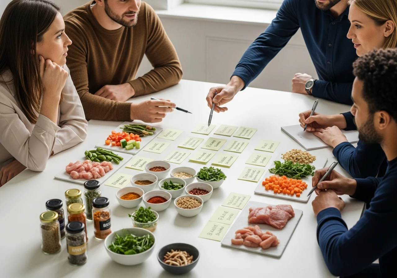 Team reviewing meal prep ideas with spices and ingredients on a table.