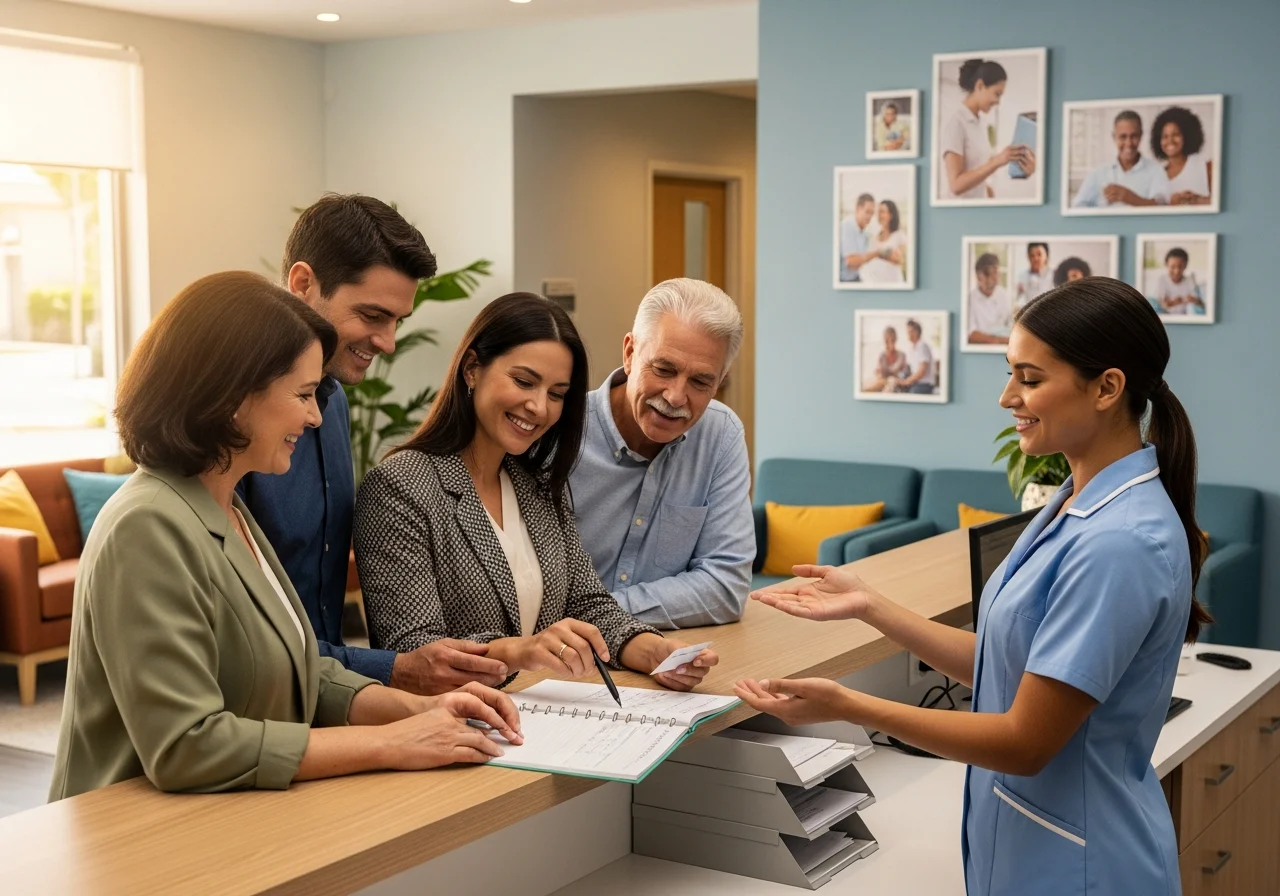 Reception area with adults reviewing planner and appointment card.