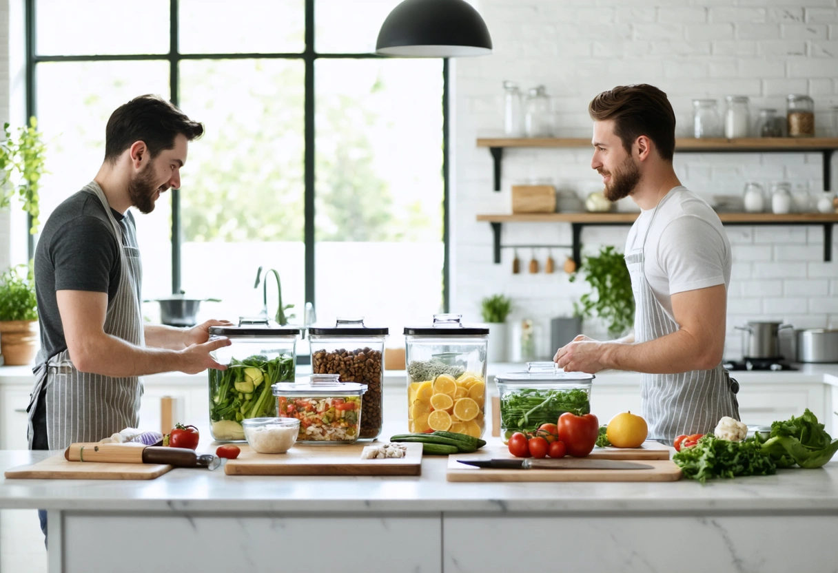 Two people organizing meal prep tools in a modern kitchen.
