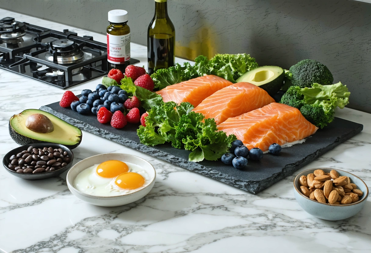 Whole foods on counter with salmon, eggs, greens, and sugary snacks.