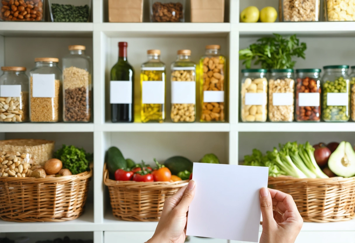 Organized pantry with grains, legumes, and hand placing grocery list.