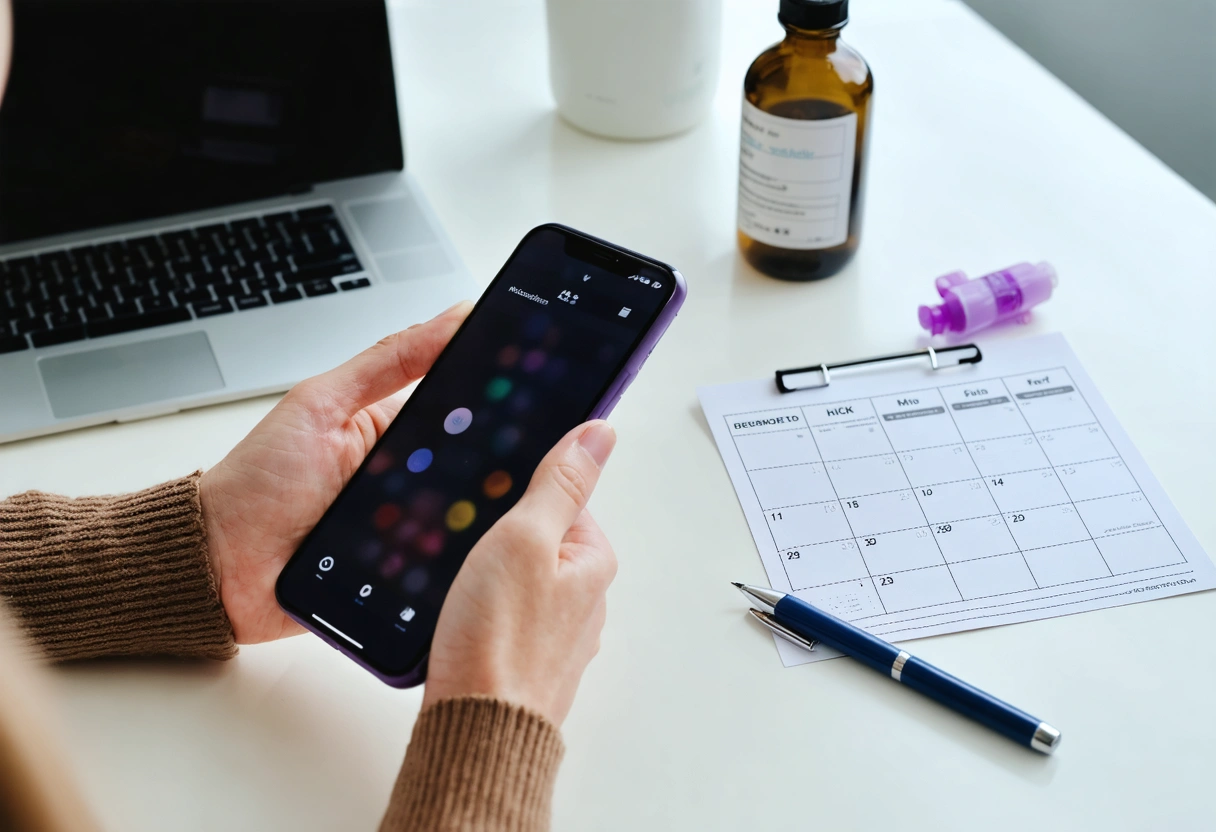 Hand holding smartphone beside prescription bottle and calendar reminder.