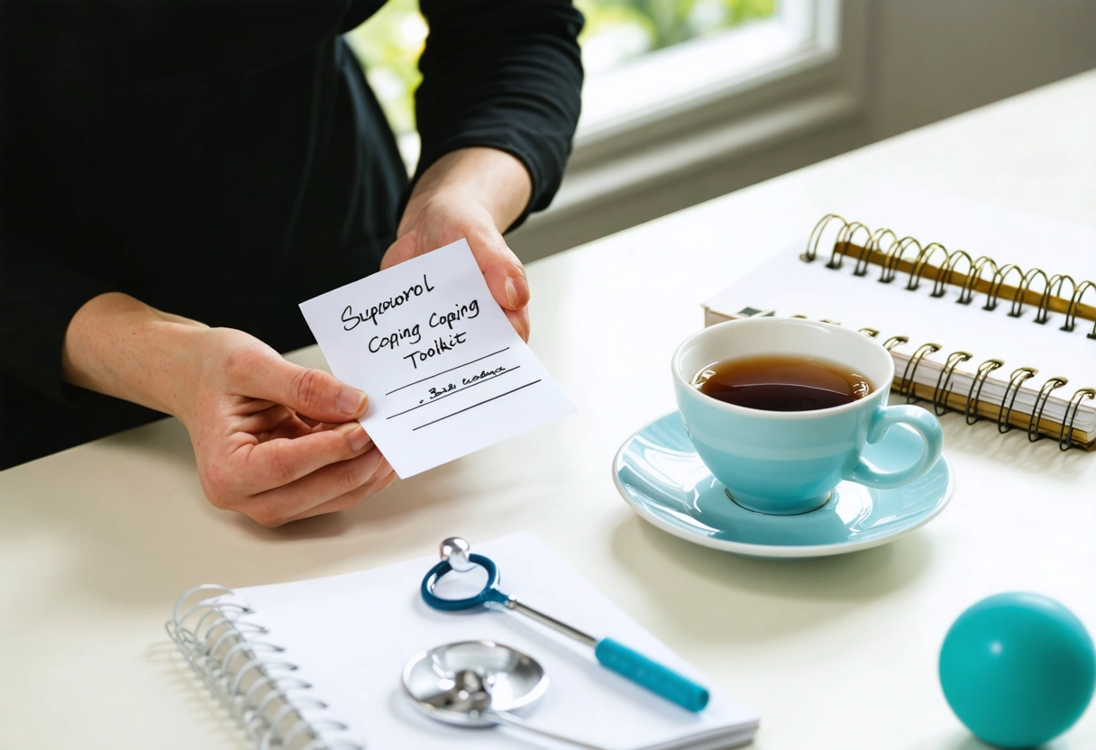Clinician's hands arranging coping tools on a desk with blurred patient.