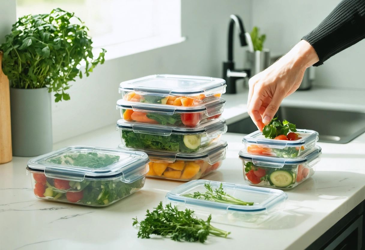 Close-up of meal prep containers with herbs and a lunch bag.