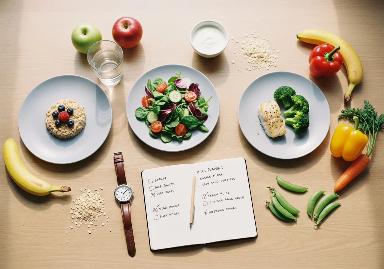 Balanced meal schedule with plated meals, fruit, yogurt, and vegetables.