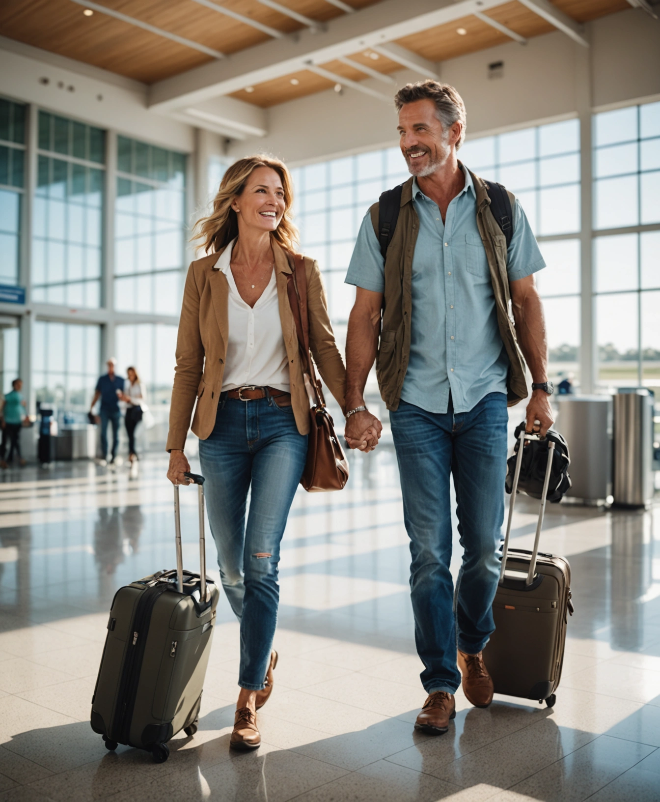 Active couple walking through a bright modern airport terminal