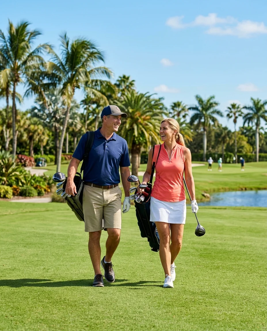 Smiling couple walking together on a sunny Florida golf course