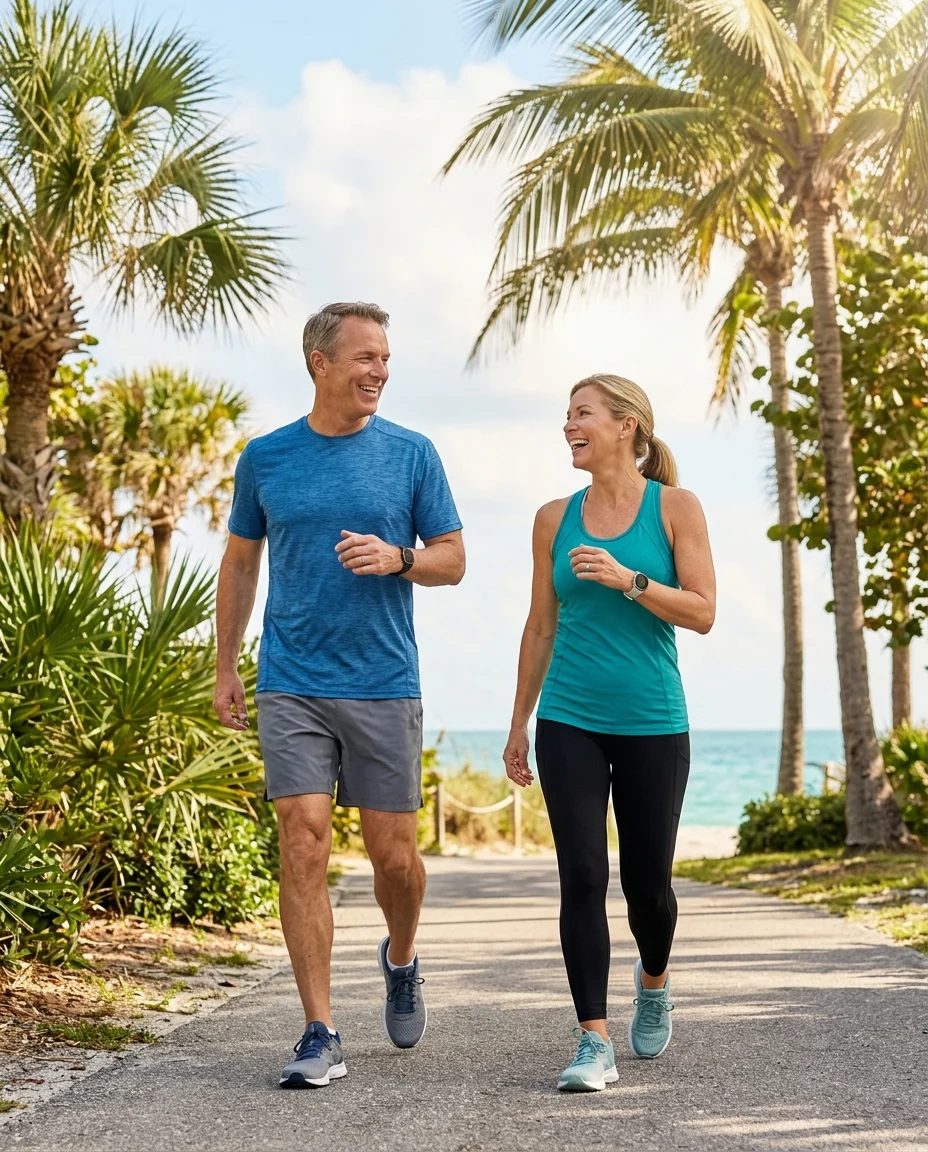 Two adults walking along a palm-lined coastal path