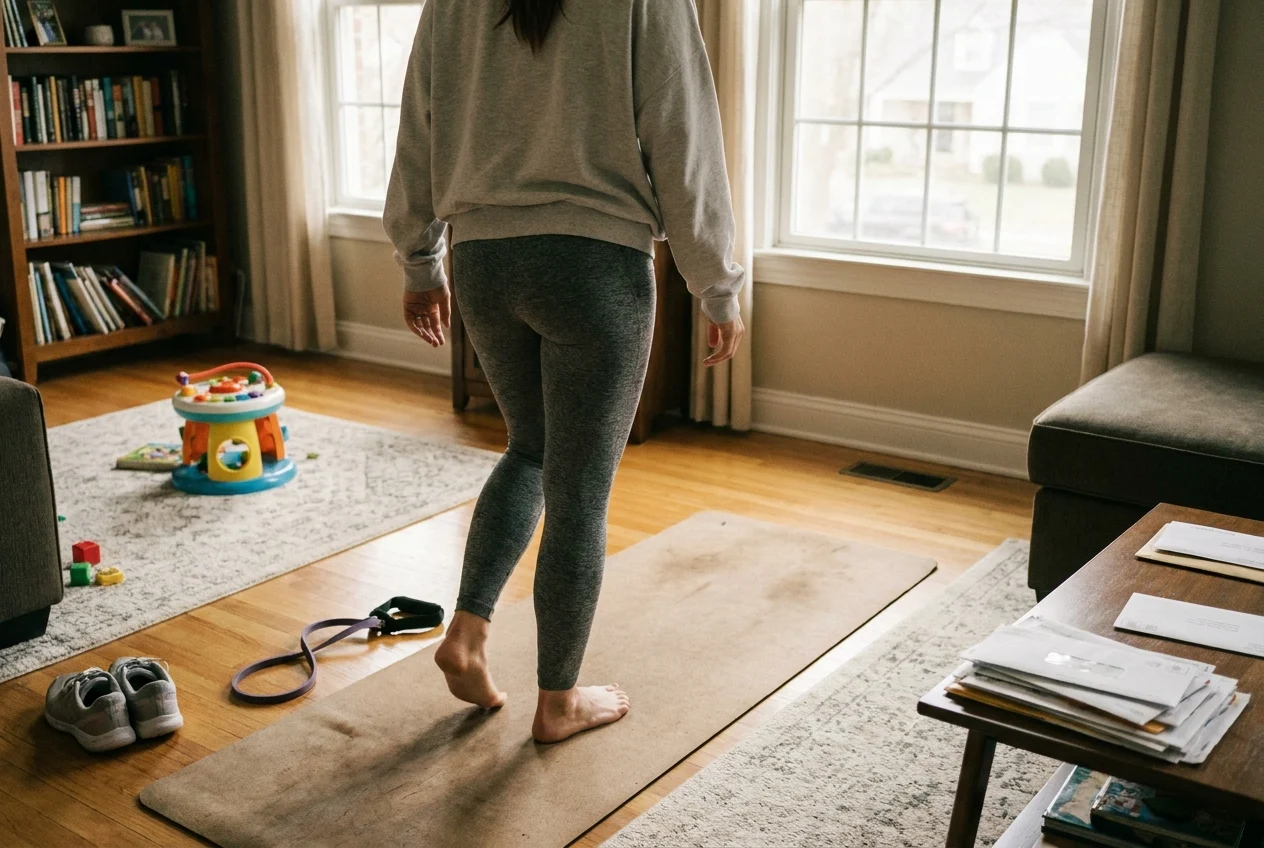 Busy parent starts a home workout while family life continues nearby
