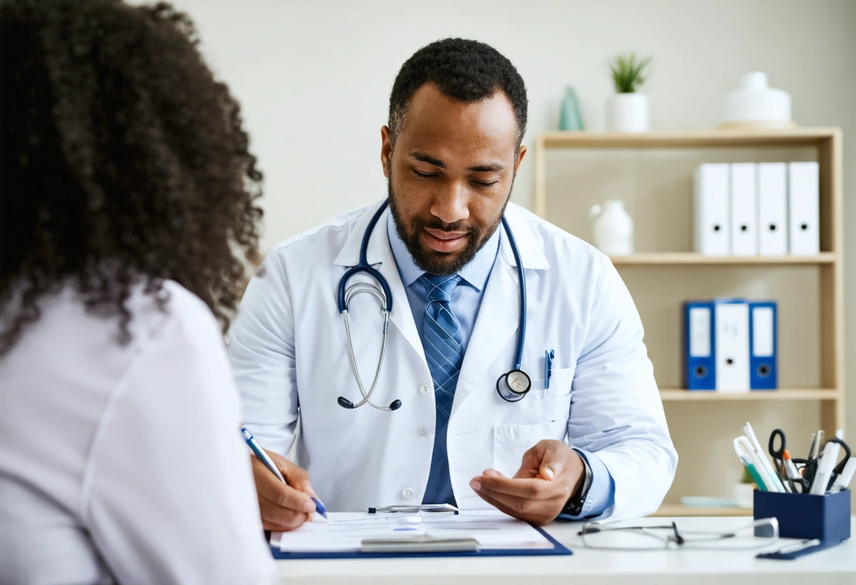 Nurse checking blood pressure and documenting results in a clinic
