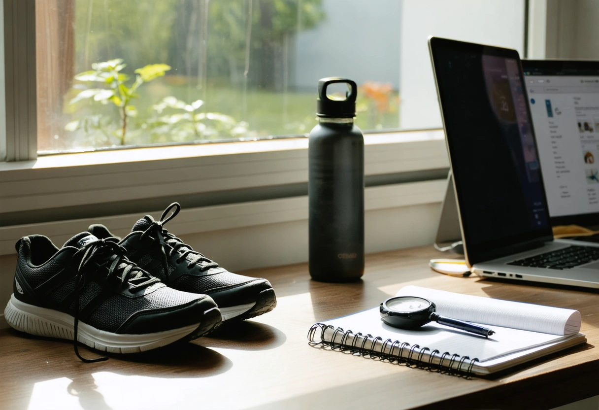 Shoes, pedometer, water bottle, stopwatch, and notebook on a morning desk