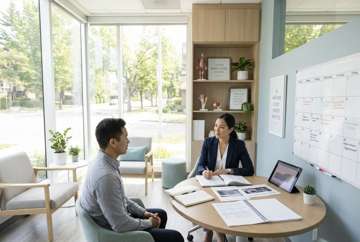 Physician and patient in a bright modern consultation room