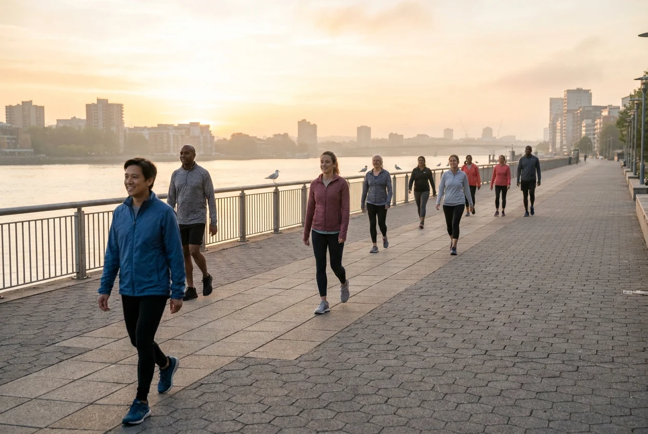 Diverse adults walking steadily along a sunlit waterfront path