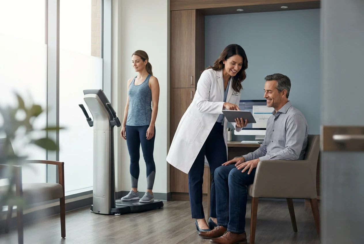 Patient discussing meal plan and health metrics with a healthcare provider