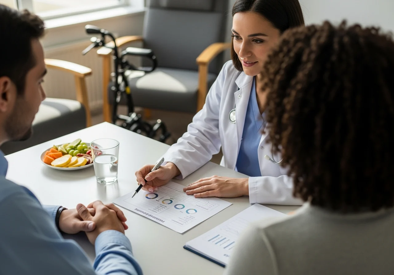 Patient and clinician reviewing health progress notes in a bright consultation room