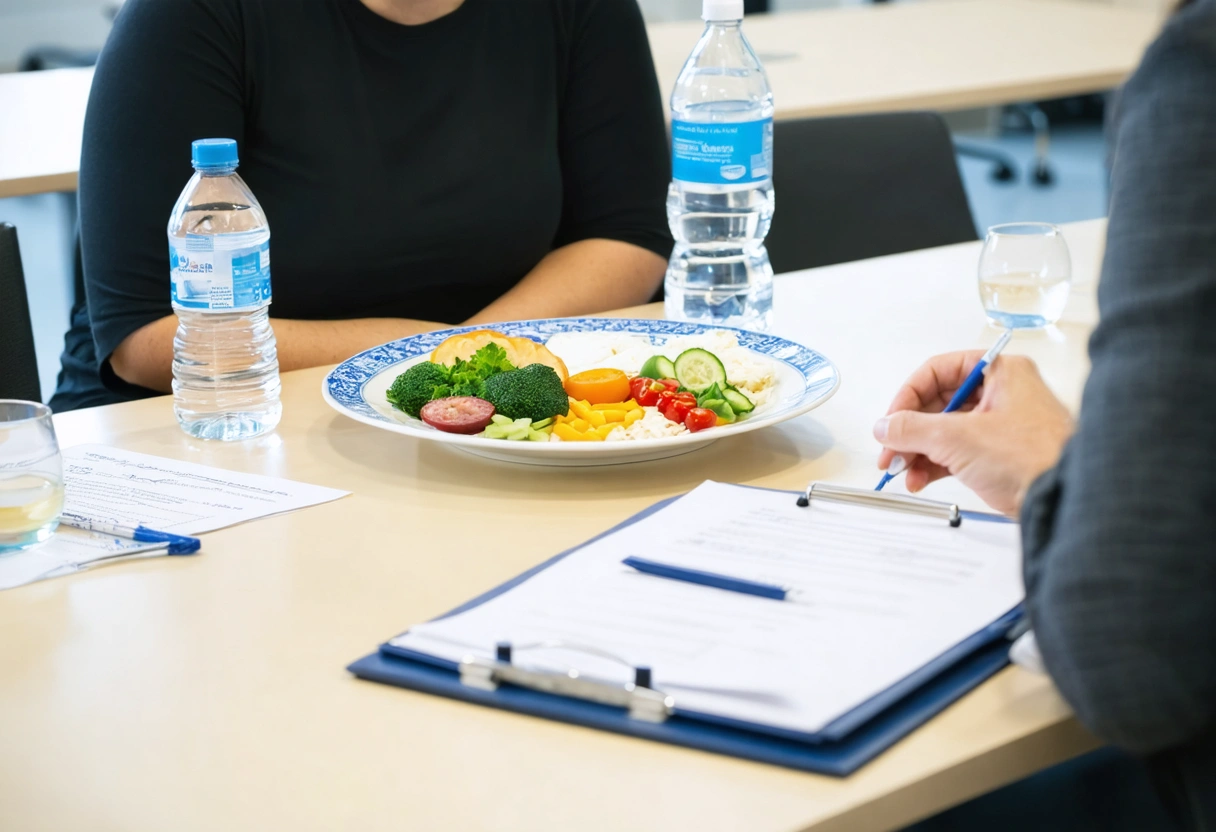 Patient and clinician discussing medication tolerance with monitoring notes and healthy props