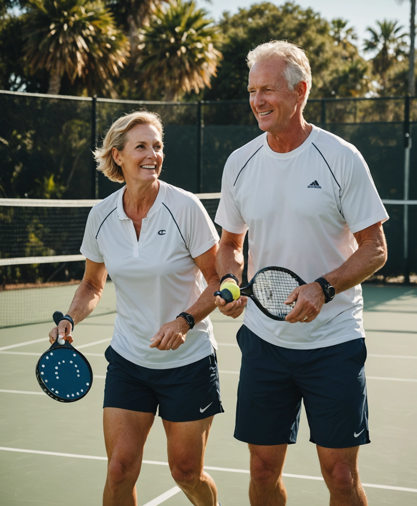 A realistic lifestyle photograph of a white couple in their 40s to 50s playing pickleball on an outdoor court in sunny