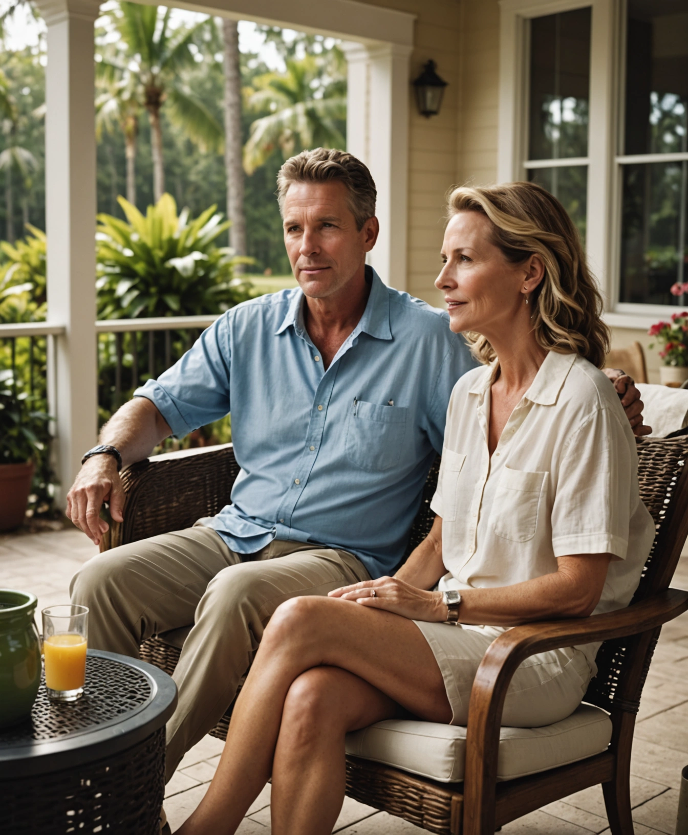 couple-watching-tv-outdoors-florida-MBN4WI Couple relaxing on a sunny patio watching outdoor television