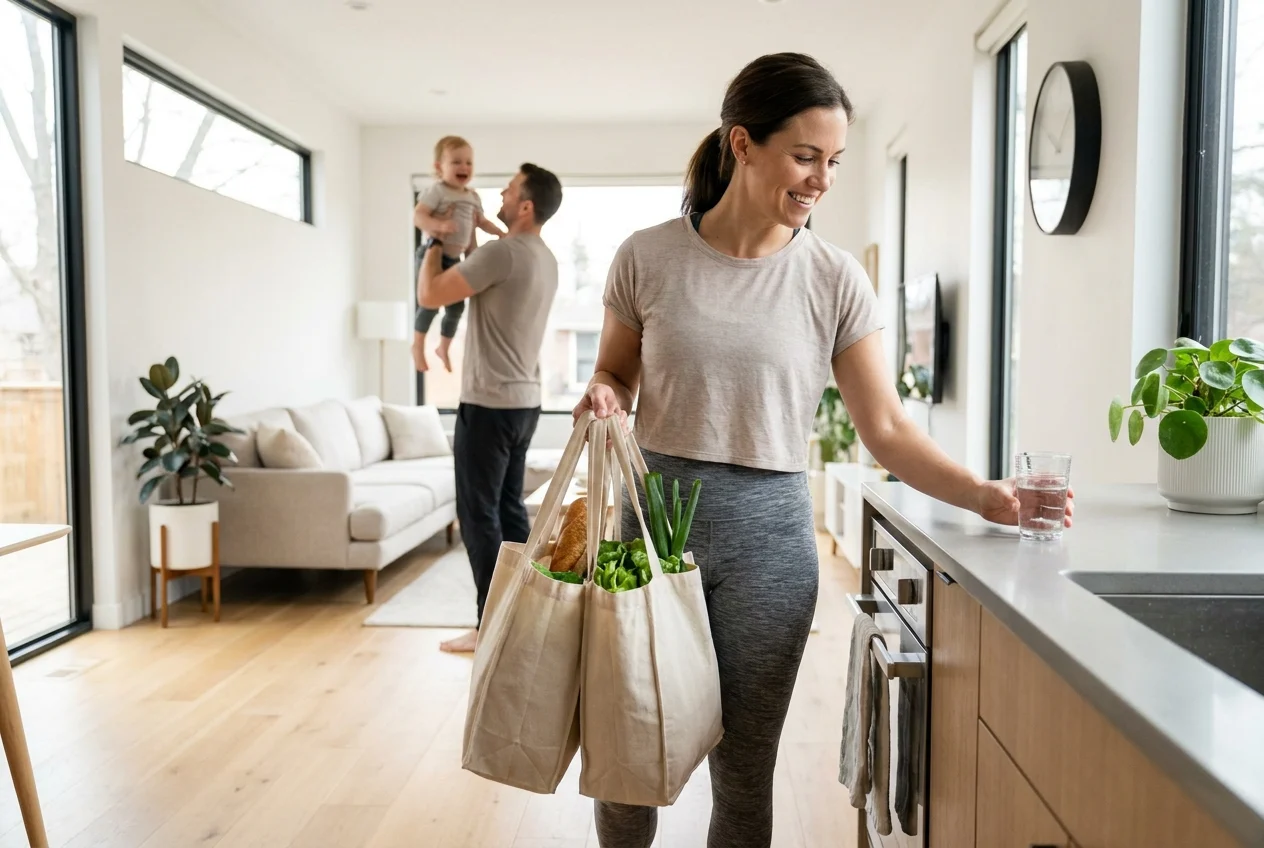 Adult carries groceries easily while another lifts a child with ease