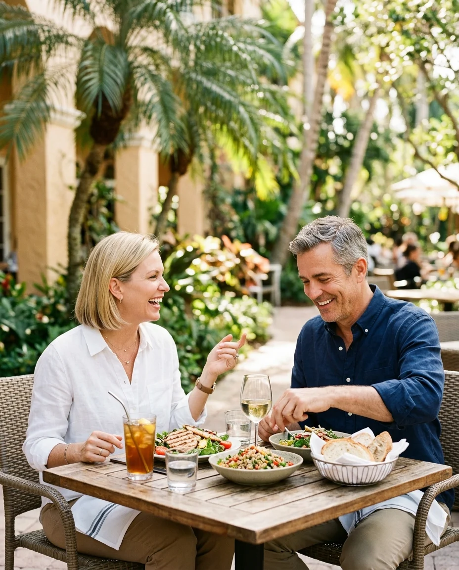 florida-outdoor-meal-couple-B88P7w Two adults enjoying a healthy meal on a sunny café patio