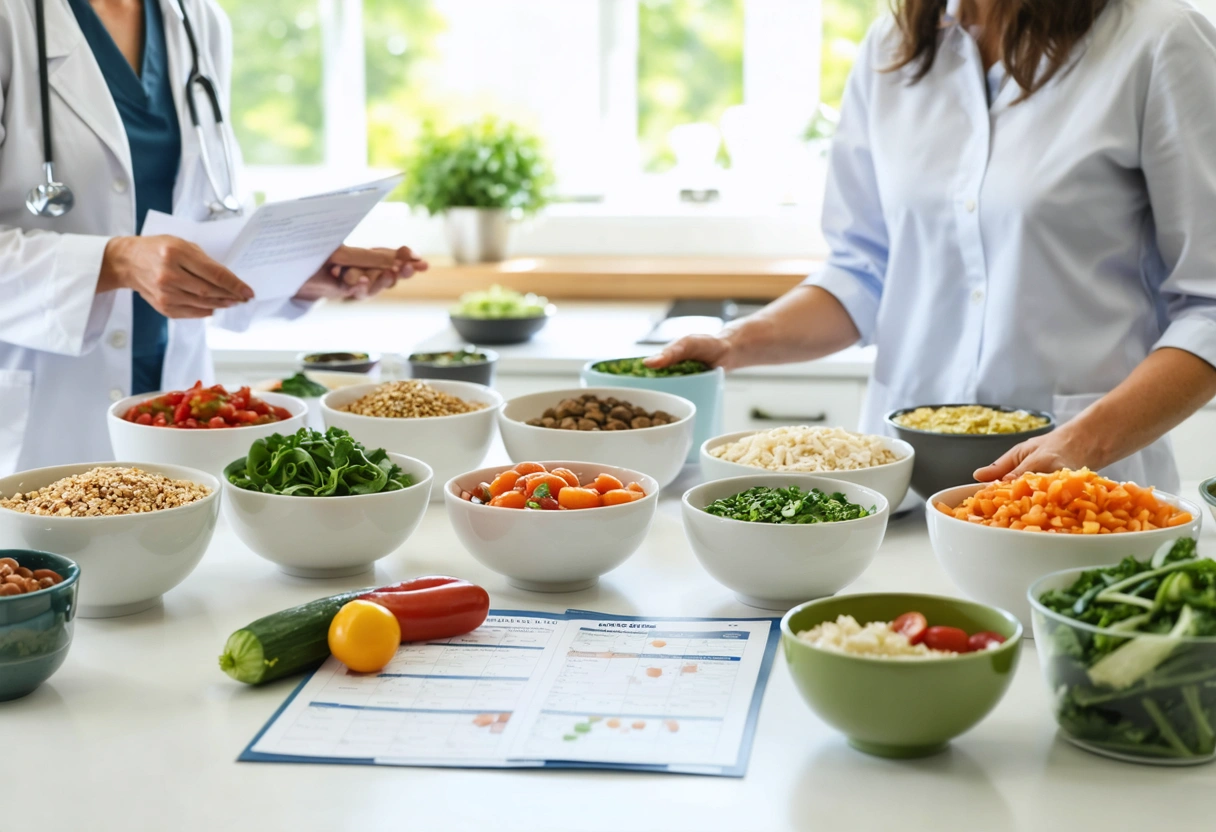 Physician and patient plan sustainable meals in a bright counseling kitchen