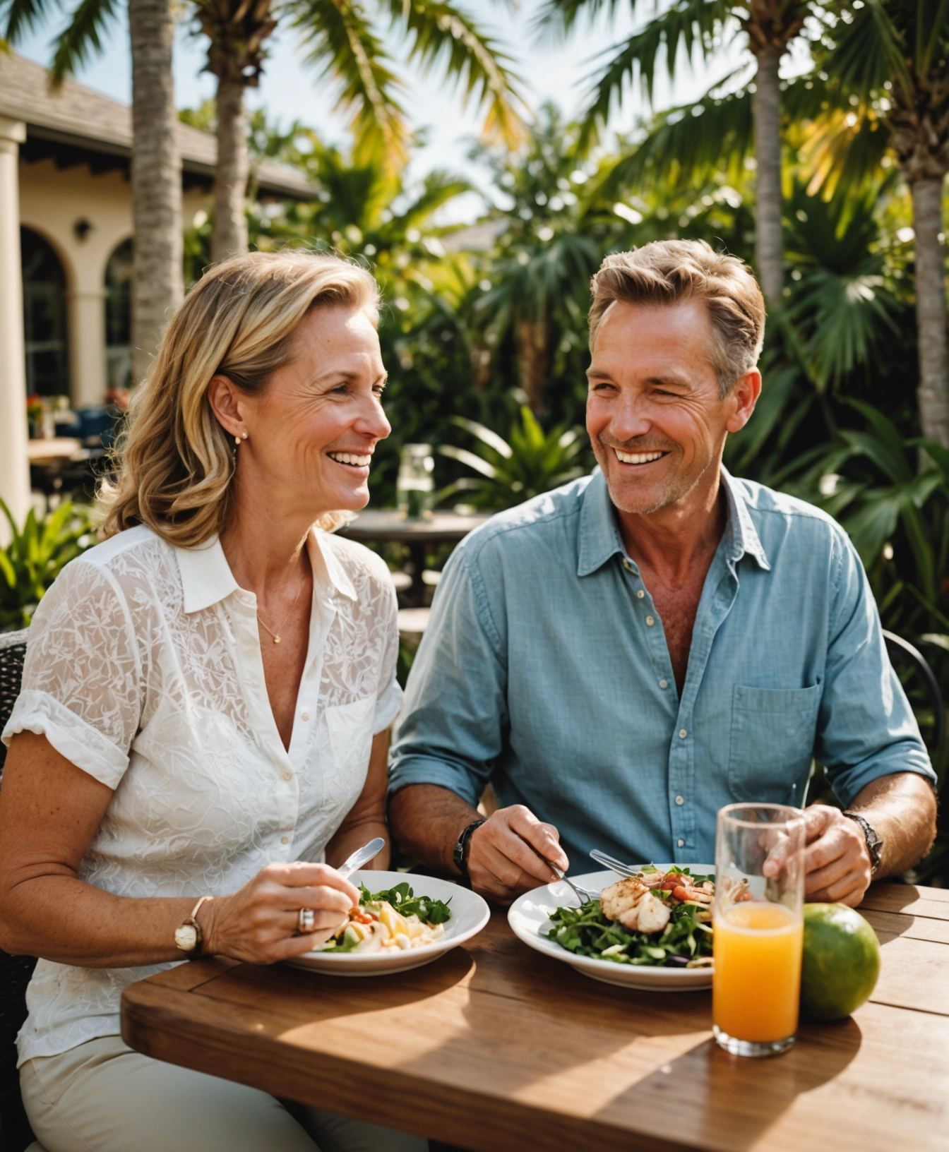 A realistic commercial lifestyle photo of a middle-aged white couple, ages 40 to 50, enjoying a healthy meal outdoors