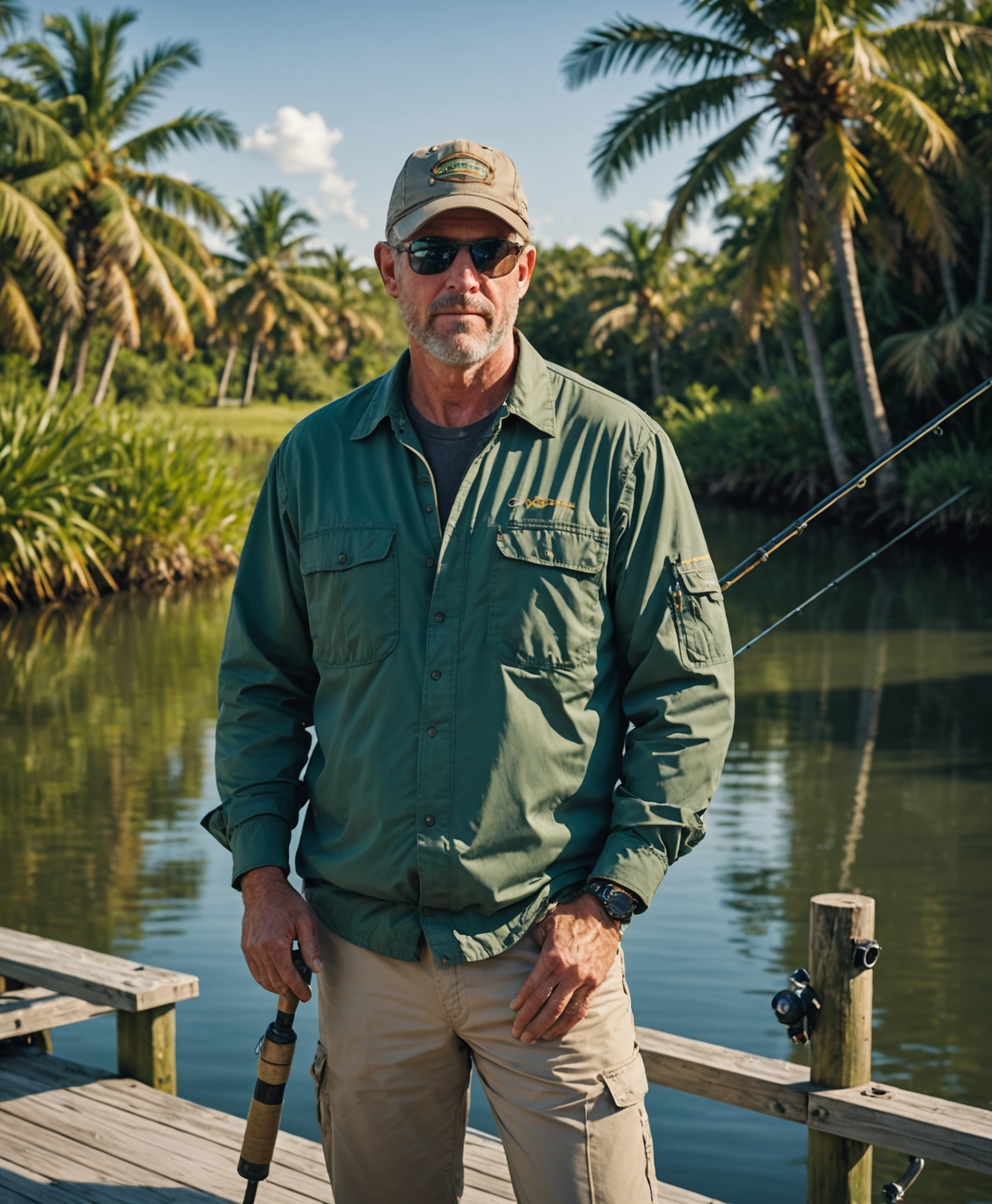Man fishing on a sunny Florida dock by calm water