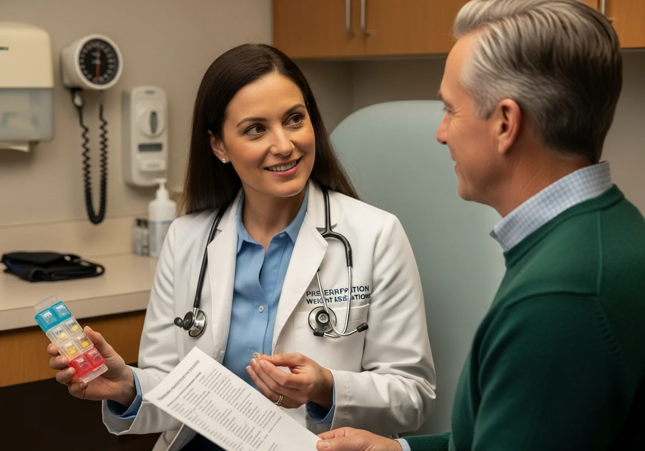 Physician discusses prescription weight loss medication with attentive patient in exam room