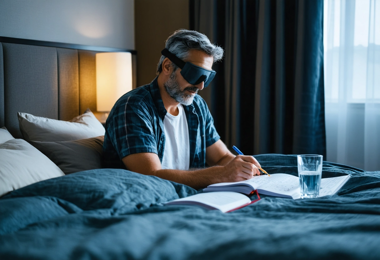 Adult preparing healthy nighttime routine and sleep journal in bedroom