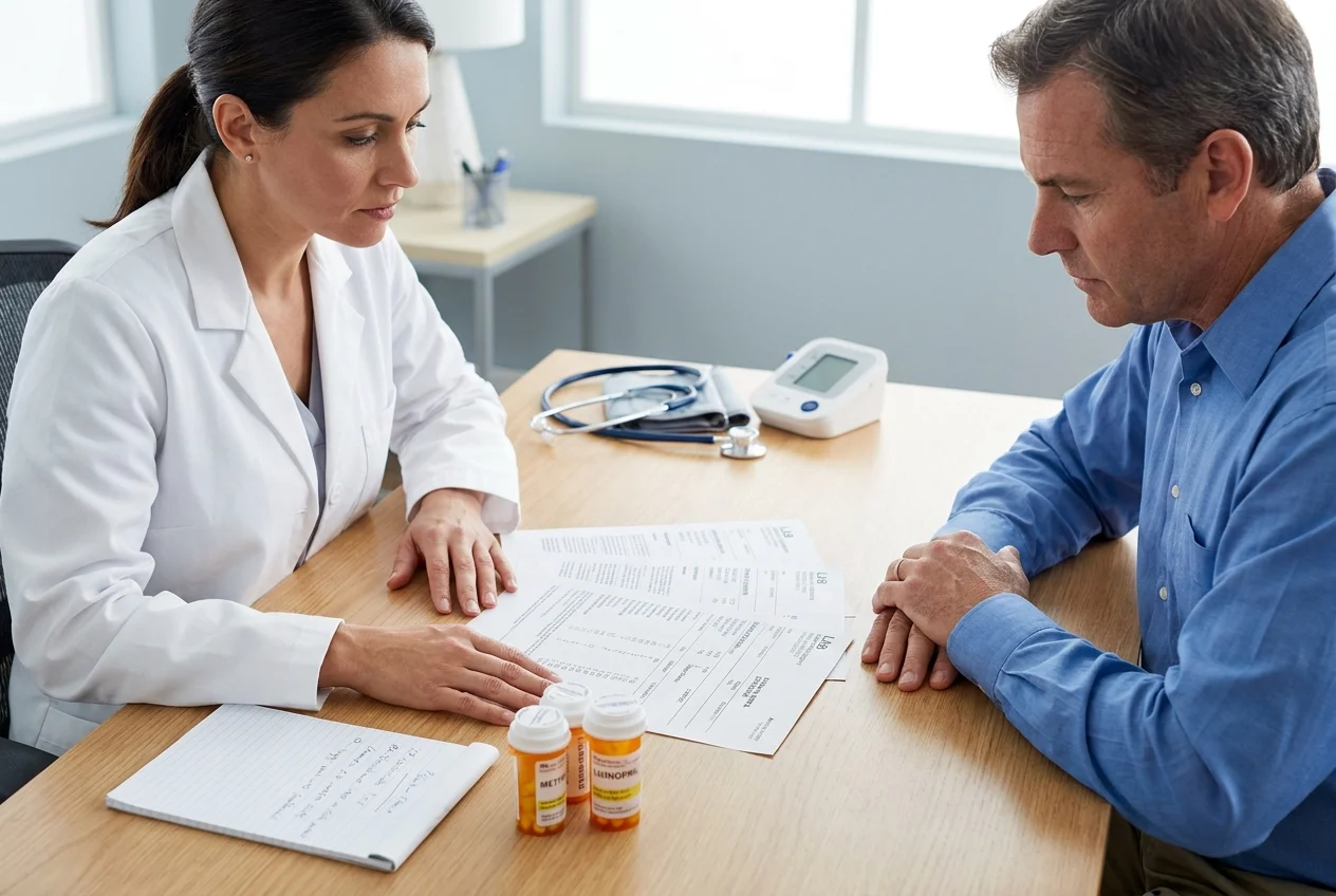Doctor and patient review lab results and weight loss safety in office