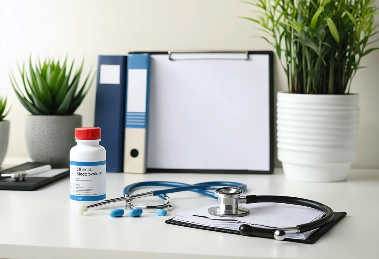 Clinic desk with prescription bottle, stethoscope, blood pressure cuff, and medical references