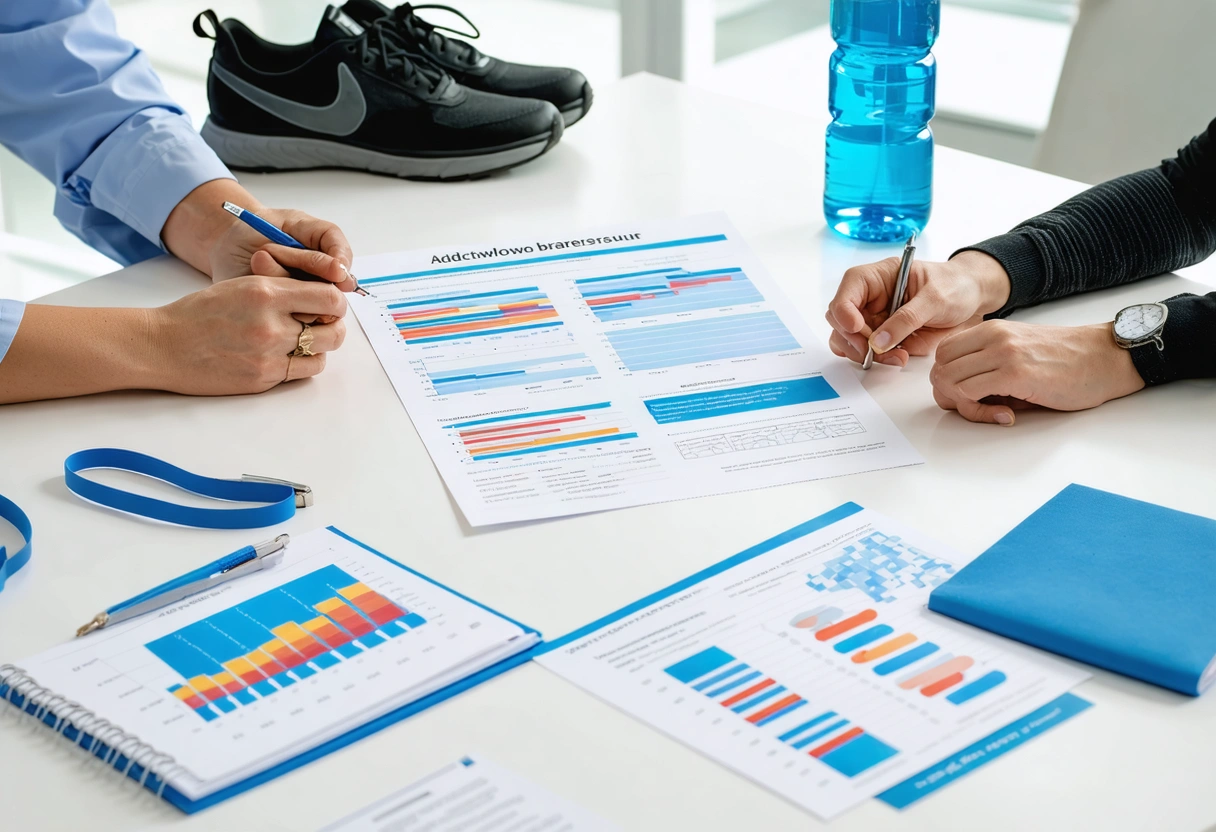 Clinician and patient review a sustainable exercise plan with progress markers