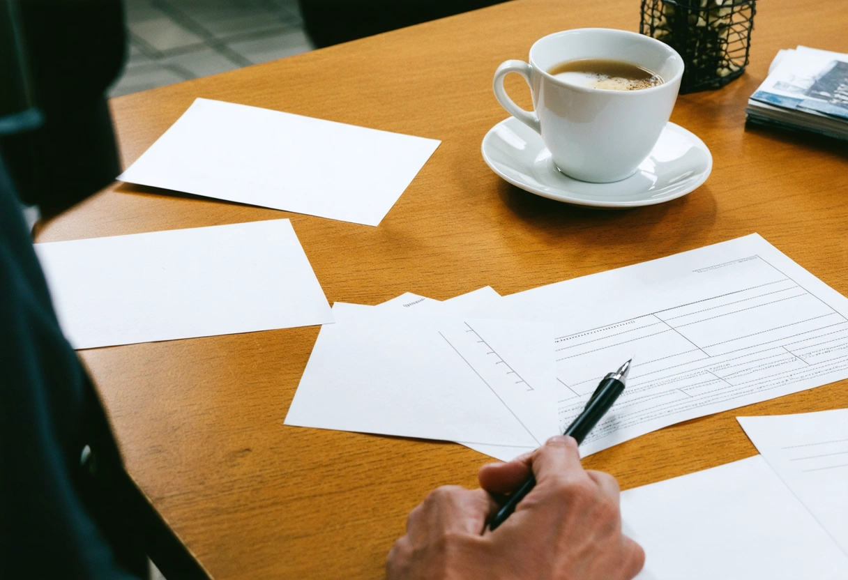 Counselor arranging cue cards and habit-change worksheet on desk