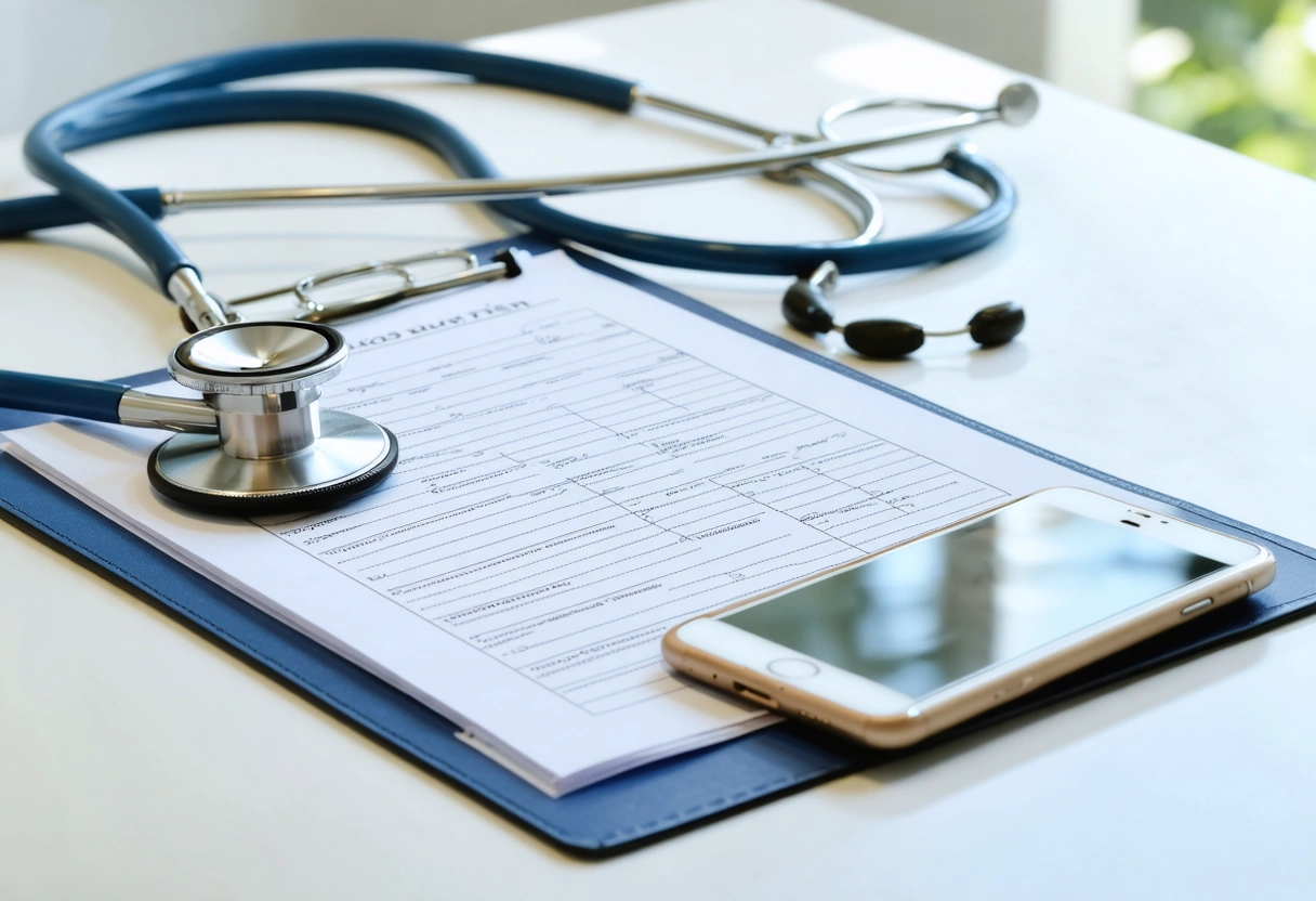 Hand-held clinic evaluation setup with prescription pad, stethoscope, and patient clipboard
