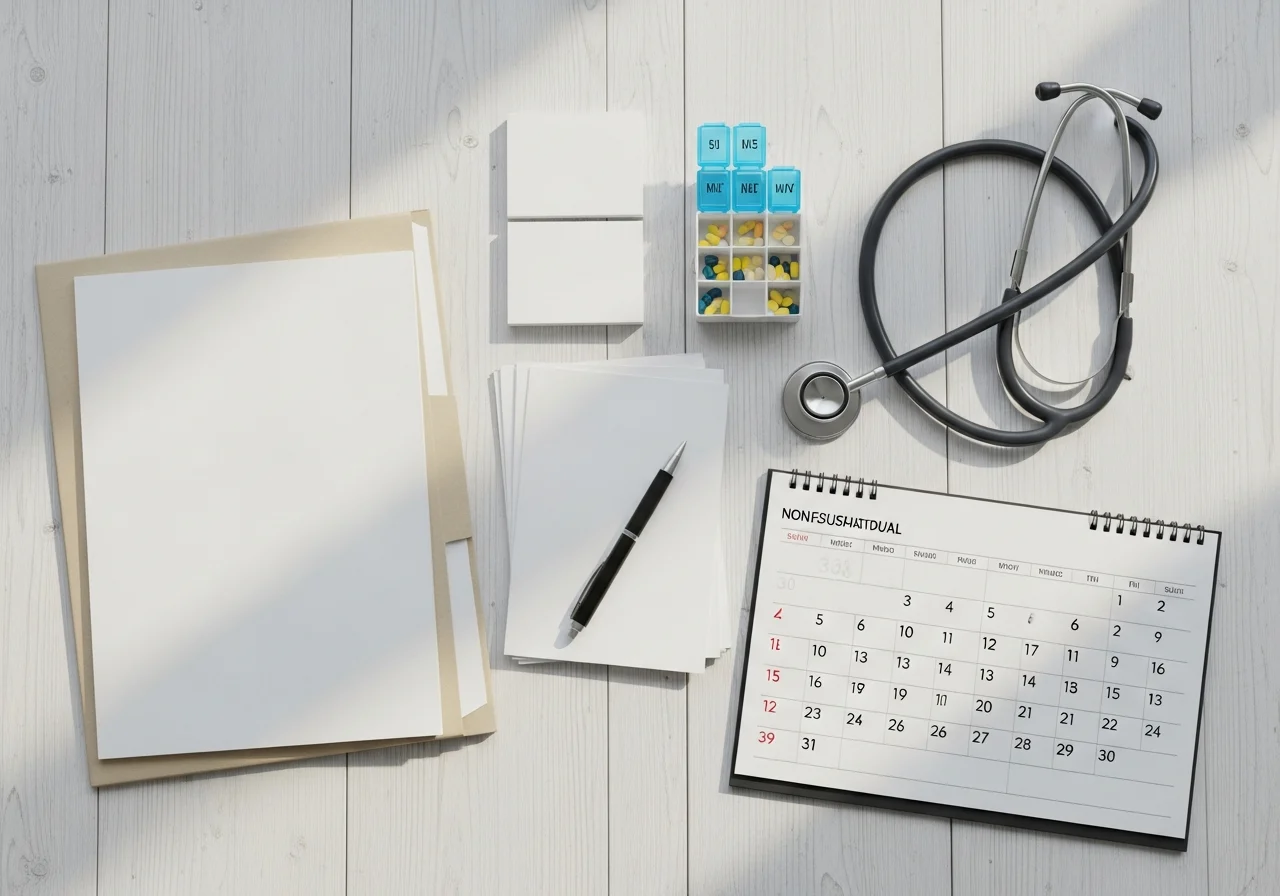 Organized planning workspace with notes, calendar, and stethoscope