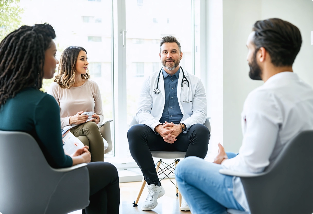 Diverse patients consulting with a physician in a weight loss clinic