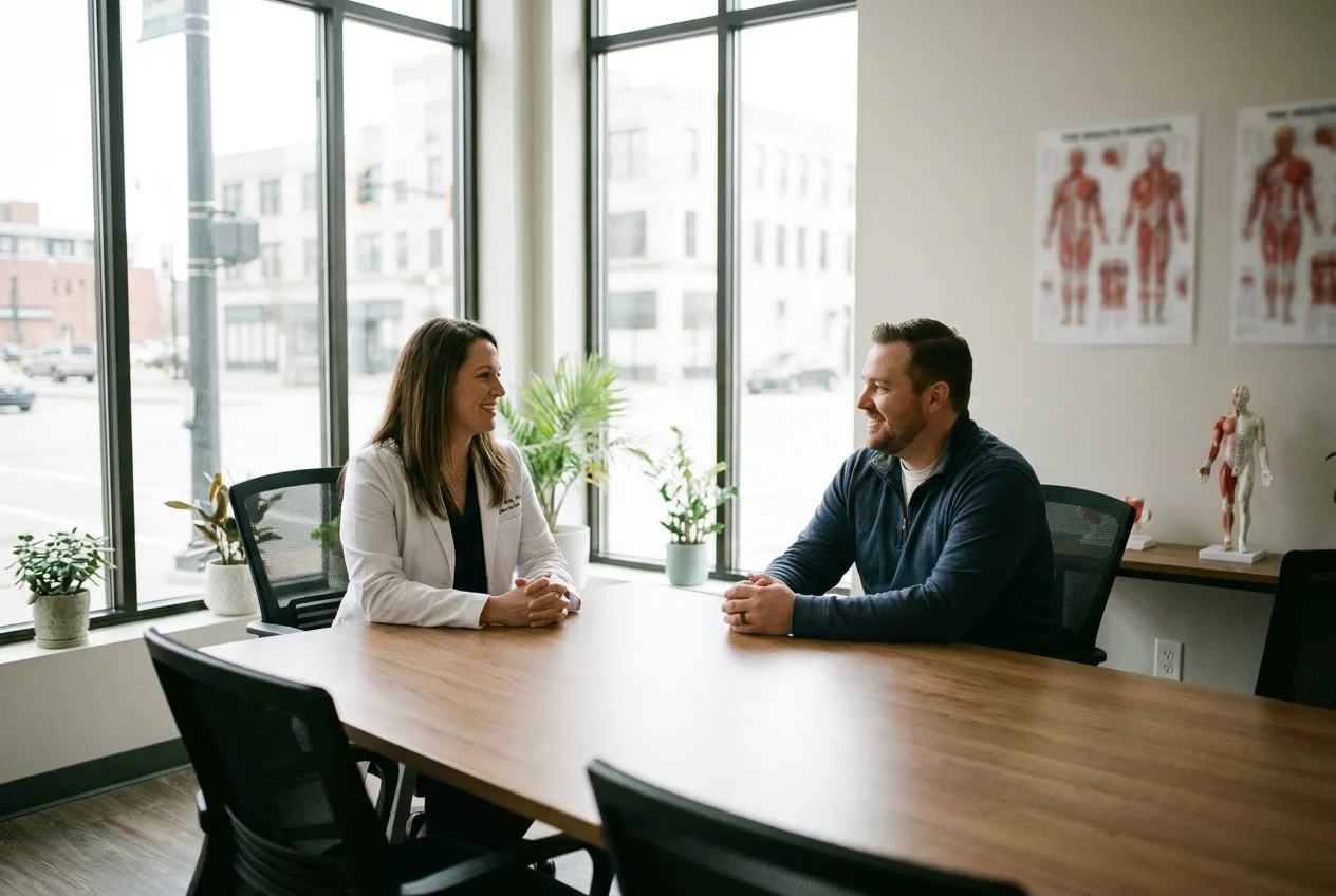 Doctor and patient in bright modern clinic consultation
