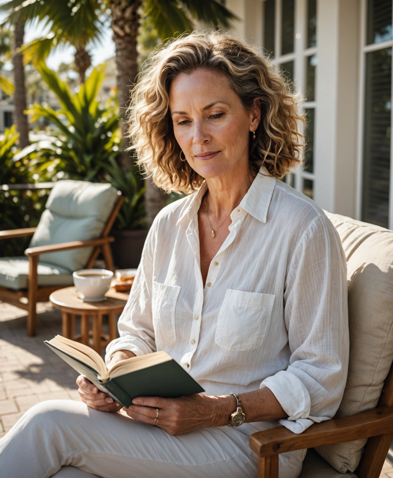 A realistic commercial lifestyle photo of a white woman in her 40s to 50s sitting comfortably outdoors in sunny