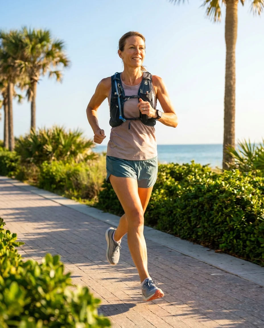A realistic, high-quality lifestyle photograph of a white woman in her 40s or early 50s running outdoors on a sunny