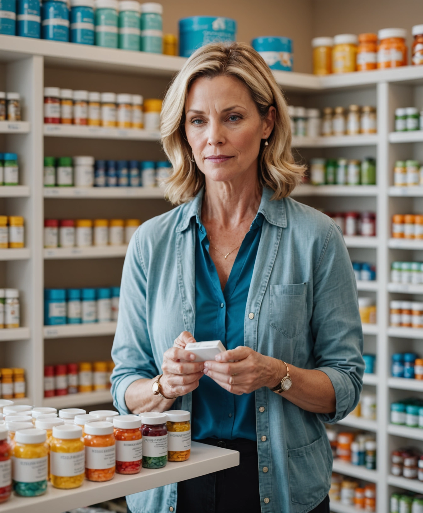 Woman choosing vitamins in a bright coastal pharmacy aisle
