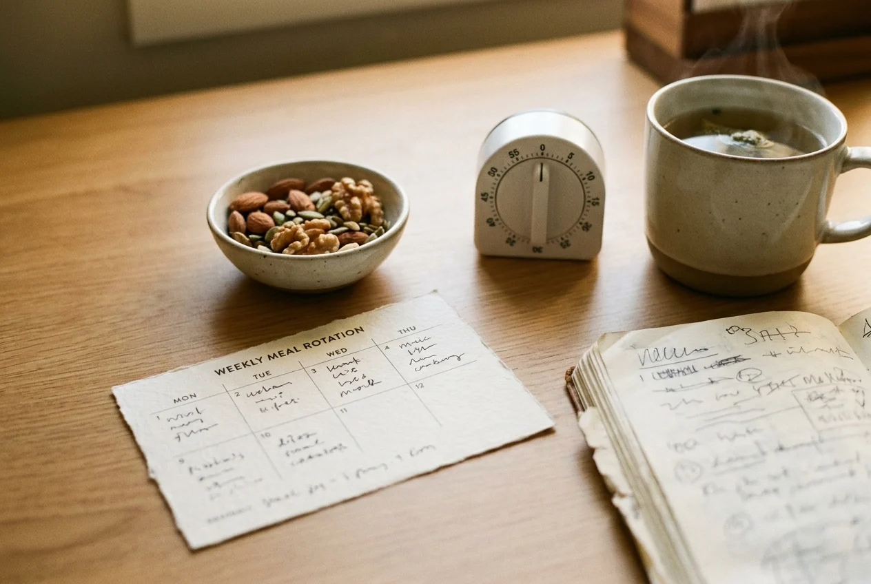 Stress-management tools and protein snacks arranged on a tidy kitchen counter