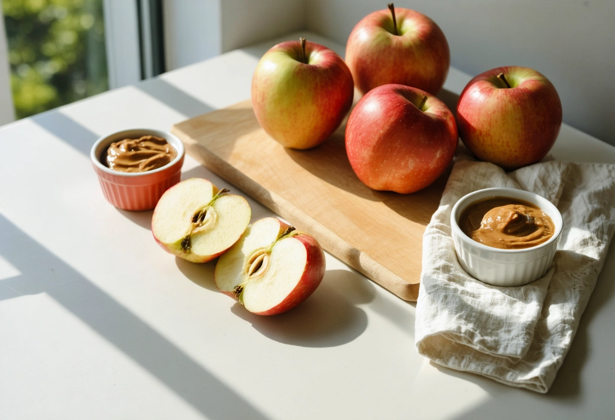 Apple slices with almond and peanut butter on a sunlit counter