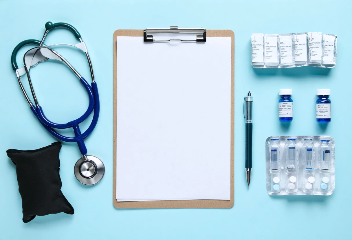 Top-down medical office flat lay with evaluation tools and health notes