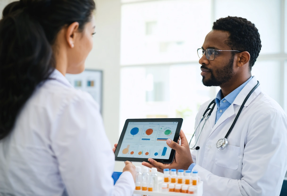Provider and patient discussing treatment options in a hopeful clinic consultation