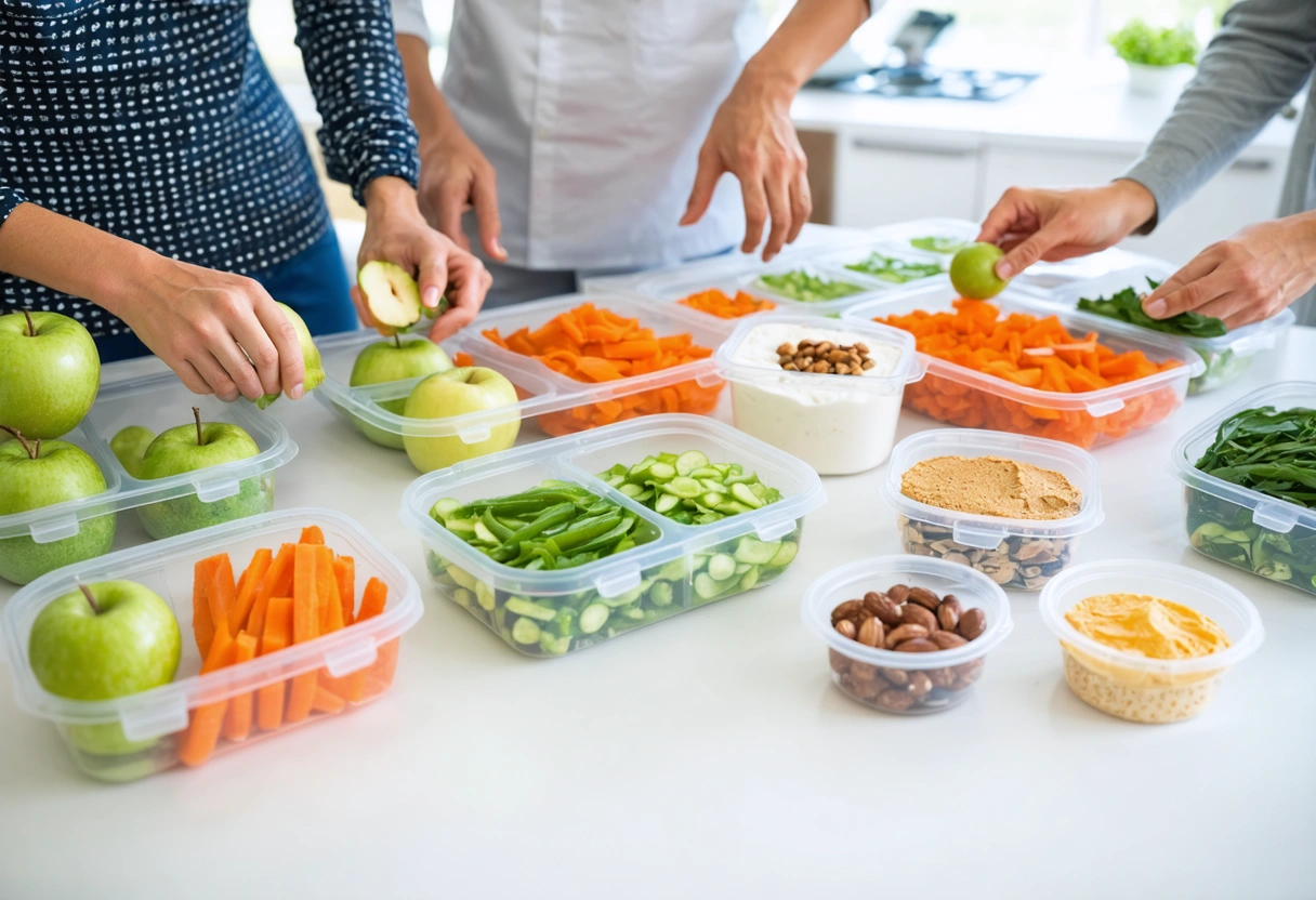 Adults packing portable healthy snacks into containers on a kitchen island