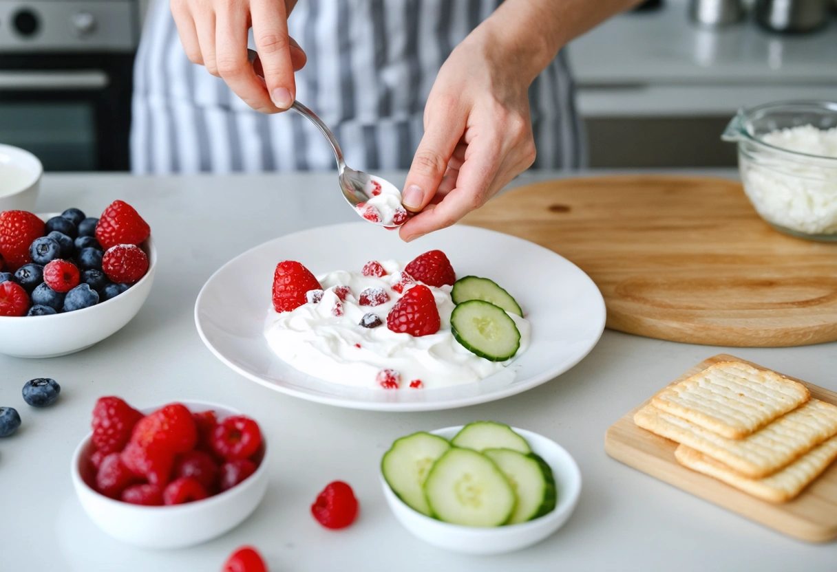 Adult assembling Greek yogurt, berries, and cucumber snack plate in kitchen
