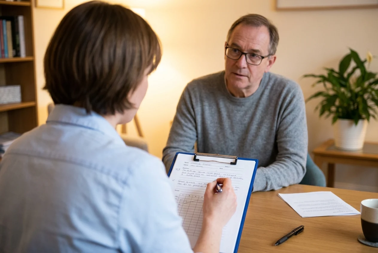 Patient and clinician reviewing intake notes in a welcoming medical office