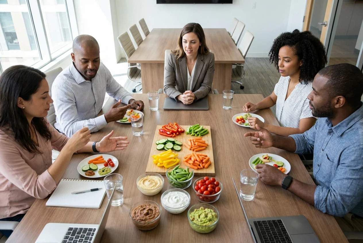 Group and dietitian comparing vegetables, dips, and satisfying snack options